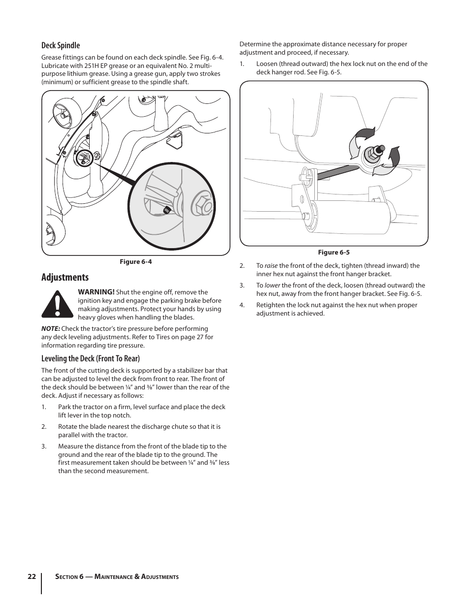Adjustments, Deck spindle, Leveling the deck (front to rear) | Cub Cadet SLTX1054 User Manual | Page 22 / 72