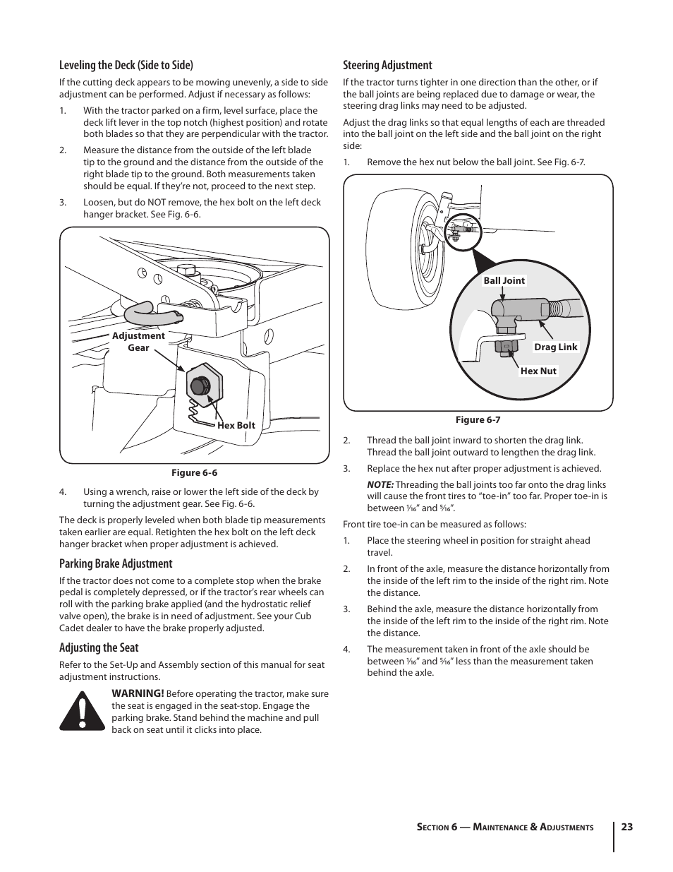 Leveling the deck (side to side), Parking brake adjustment, Adjusting the seat | Steering adjustment | Cub Cadet SLTX1054 User Manual | Page 23 / 72