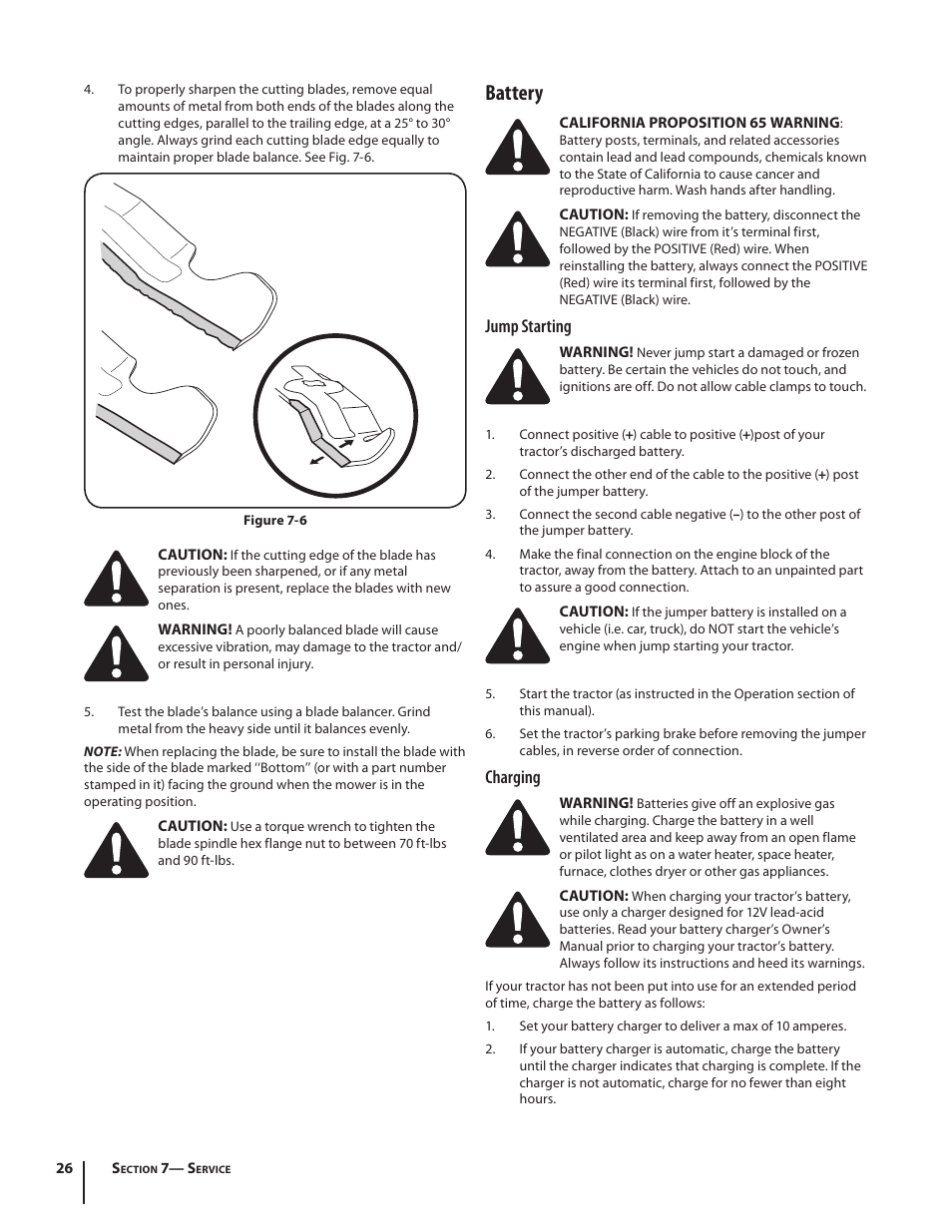 Battery, Jump starting, Charging | Cub Cadet SLTX1054 User Manual | Page 26 / 72