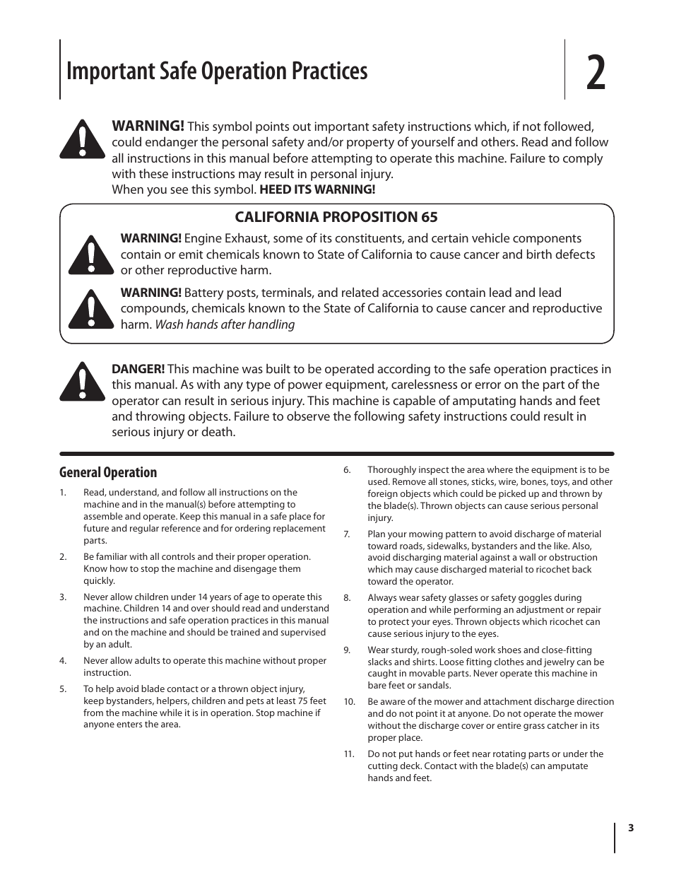Important safe operation practices, General operation, Warning | California proposition 65 | Cub Cadet SLTX1054 User Manual | Page 3 / 72
