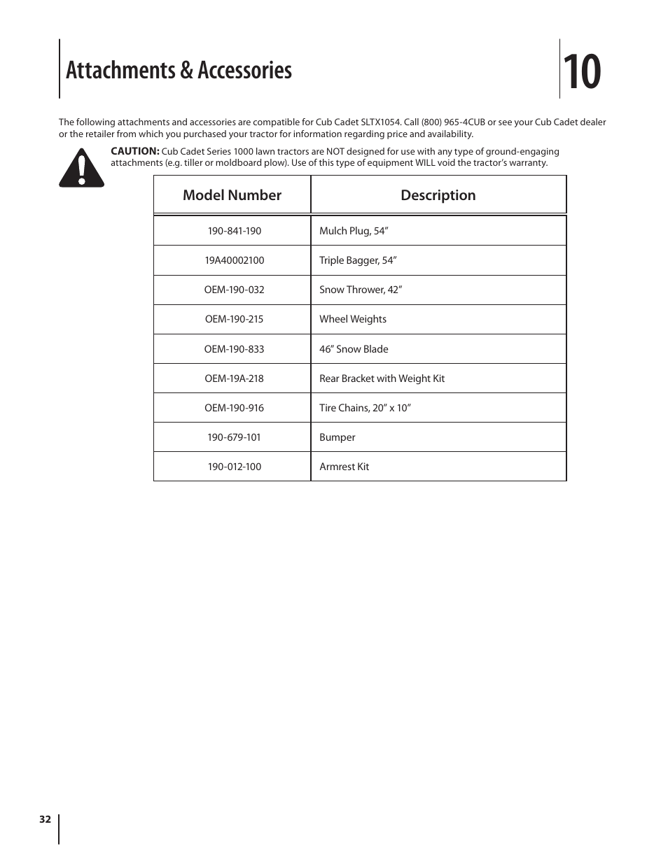 Attachments & accessories | Cub Cadet SLTX1054 User Manual | Page 32 / 72