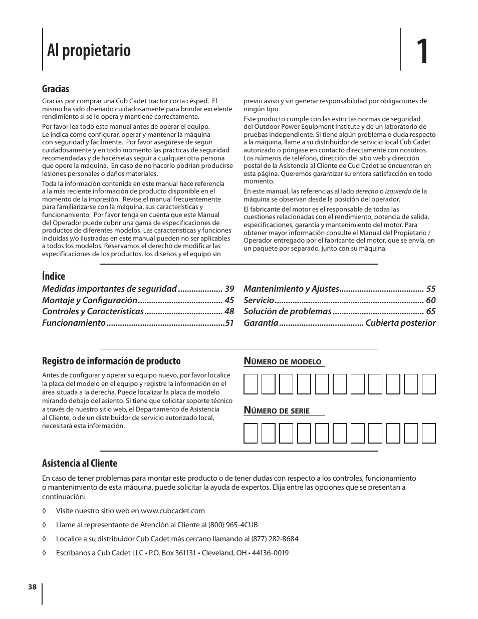 Al propietario, Asistencia al cliente, Gracias registro de información de producto | Índice | Cub Cadet SLTX1054 User Manual | Page 38 / 72