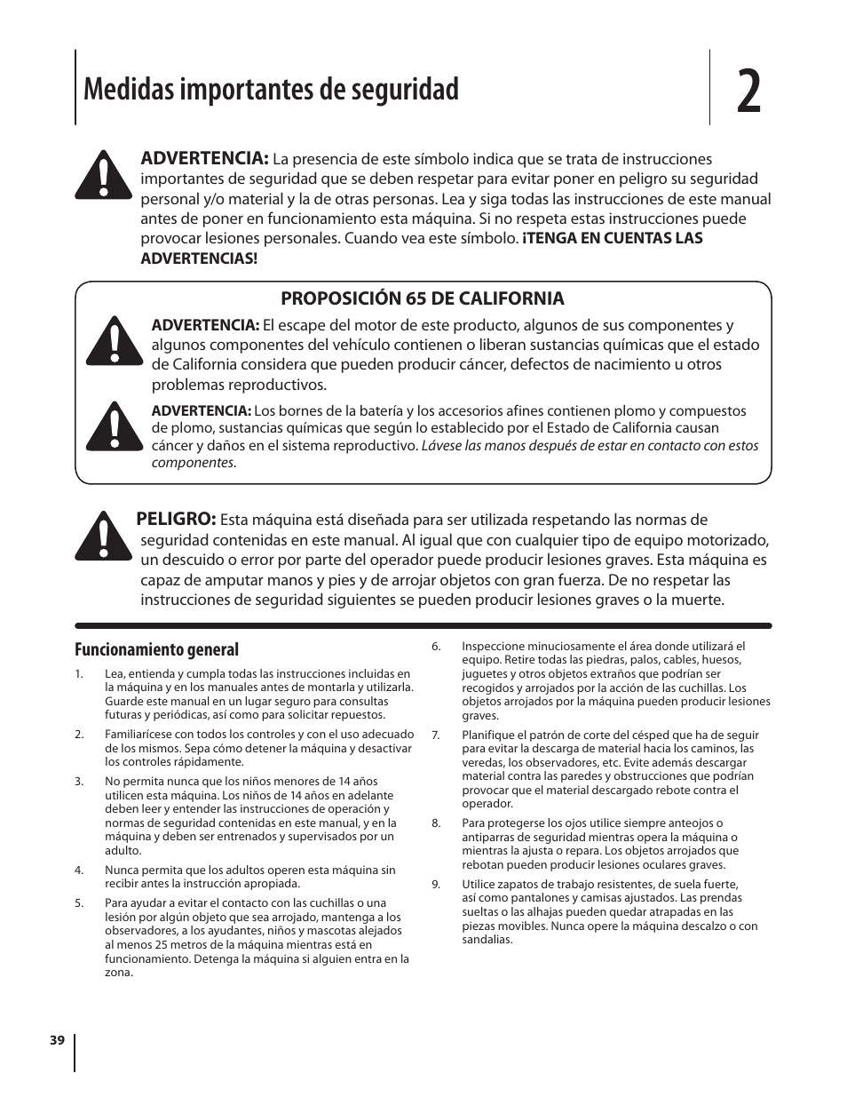 Medidas importantes de seguridad, Funcionamiento general, Advertencia | Peligro, Proposición 65 de california | Cub Cadet SLTX1054 User Manual | Page 39 / 72