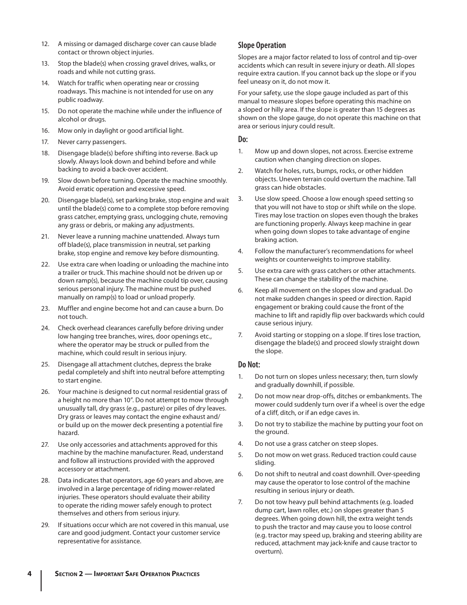 Slope operation, Do not | Cub Cadet SLTX1054 User Manual | Page 4 / 72