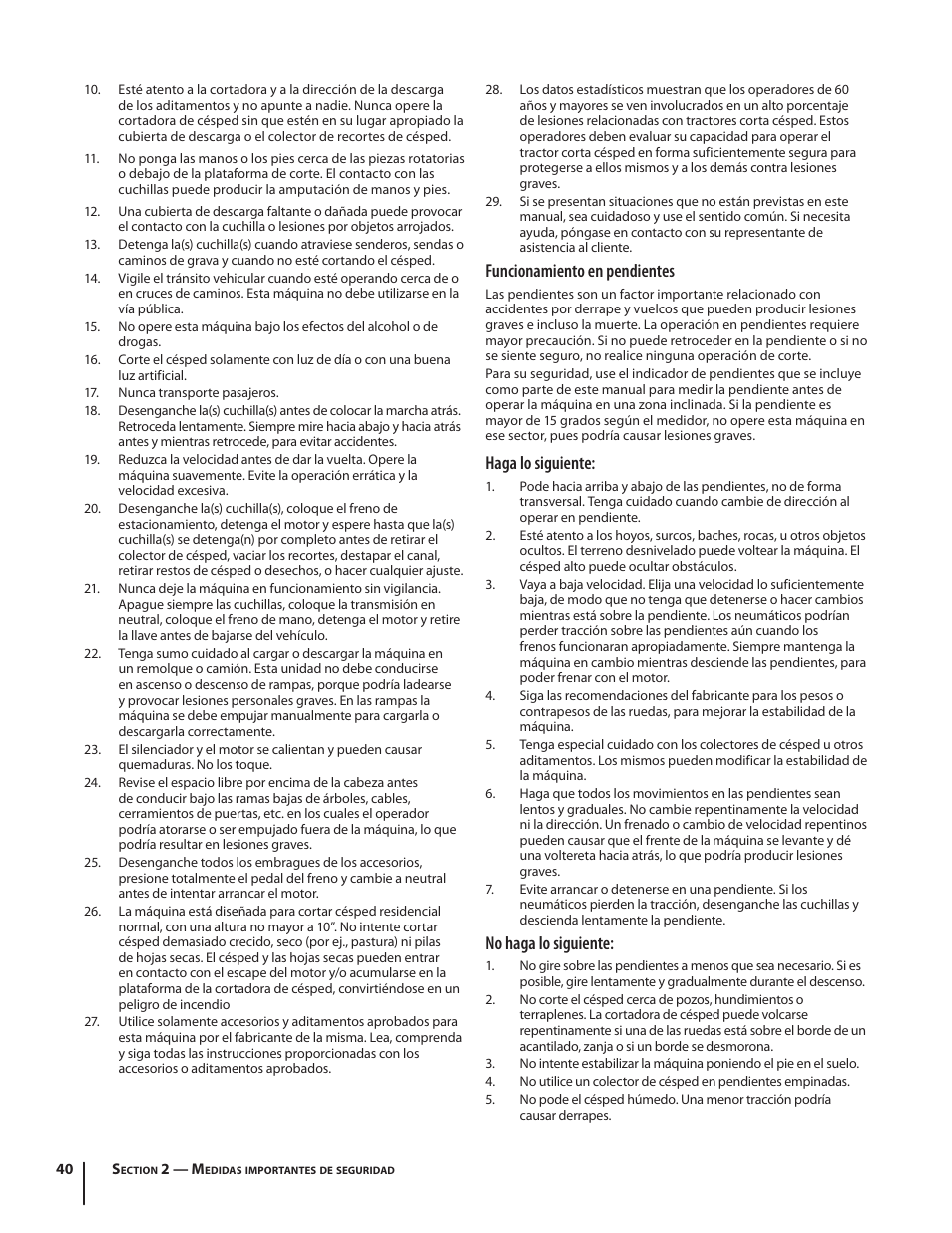 Funcionamiento en pendientes, Haga lo siguiente, No haga lo siguiente | Cub Cadet SLTX1054 User Manual | Page 40 / 72