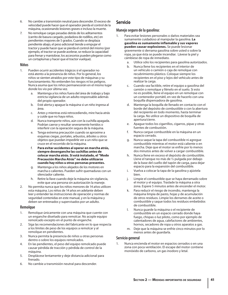Servicio, Niños, Remolque | Manejo seguro de la gasolina, Servicio general | Cub Cadet SLTX1054 User Manual | Page 41 / 72