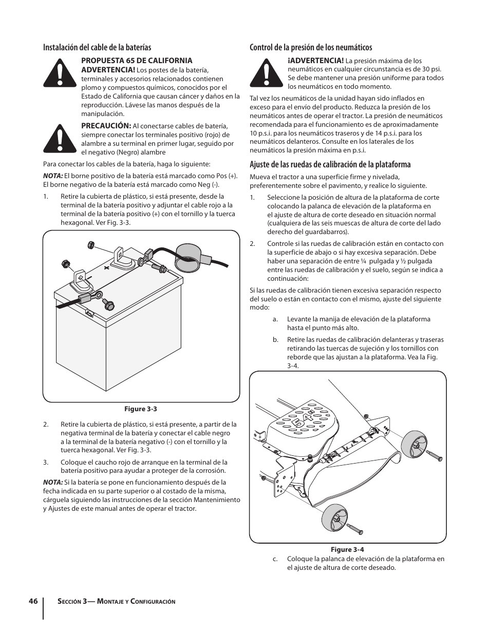 Instalación del cable de la baterías, Control de la presión de los neumáticos | Cub Cadet SLTX1054 User Manual | Page 46 / 72