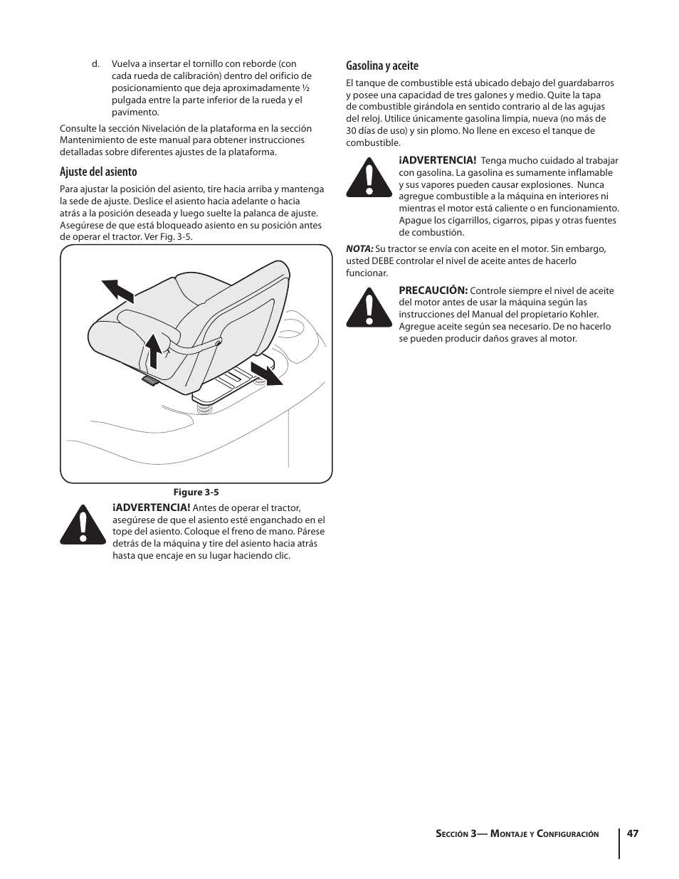 Ajuste del asiento, Gasolina y aceite | Cub Cadet SLTX1054 User Manual | Page 47 / 72