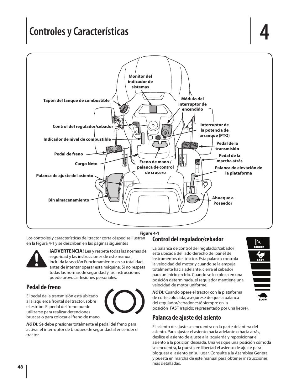 Controles y características, Pedal de freno, Control del regulador/cebador | Palanca de ajuste del asiento | Cub Cadet SLTX1054 User Manual | Page 48 / 72