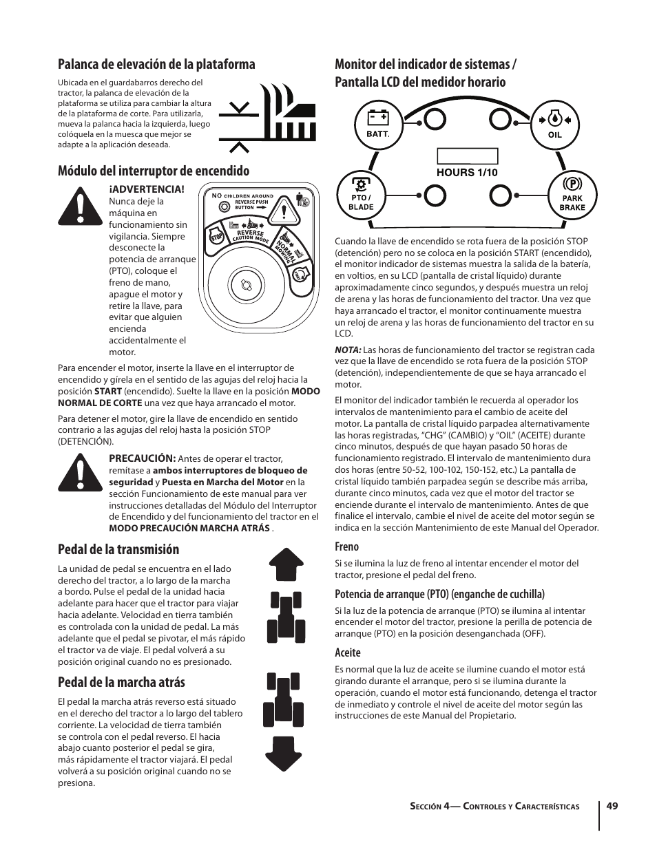 Palanca de elevación de la plataforma, Módulo del interruptor de encendido, Pedal de la transmisión | Pedal de la marcha atrás, Freno, Potencia de arranque (pto) (enganche de cuchilla), Aceite | Cub Cadet SLTX1054 User Manual | Page 49 / 72