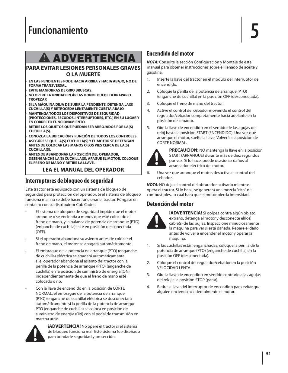 Funcionamiento, Interruptores de bloqueo de seguridad, Encendido del motor | Detención del motor | Cub Cadet SLTX1054 User Manual | Page 51 / 72