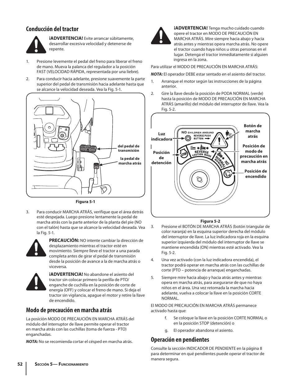 Conducción del tractor, Modo de precaución en marcha atrás, Operación en pendientes | Cub Cadet SLTX1054 User Manual | Page 52 / 72