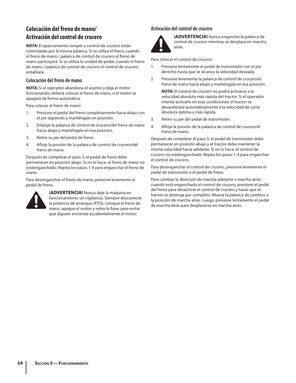 Colocación del freno de mano, Activación del control de crucero | Cub Cadet SLTX1054 User Manual | Page 54 / 72