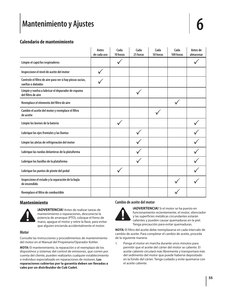Mantenimiento y ajustes | Cub Cadet SLTX1054 User Manual | Page 55 / 72