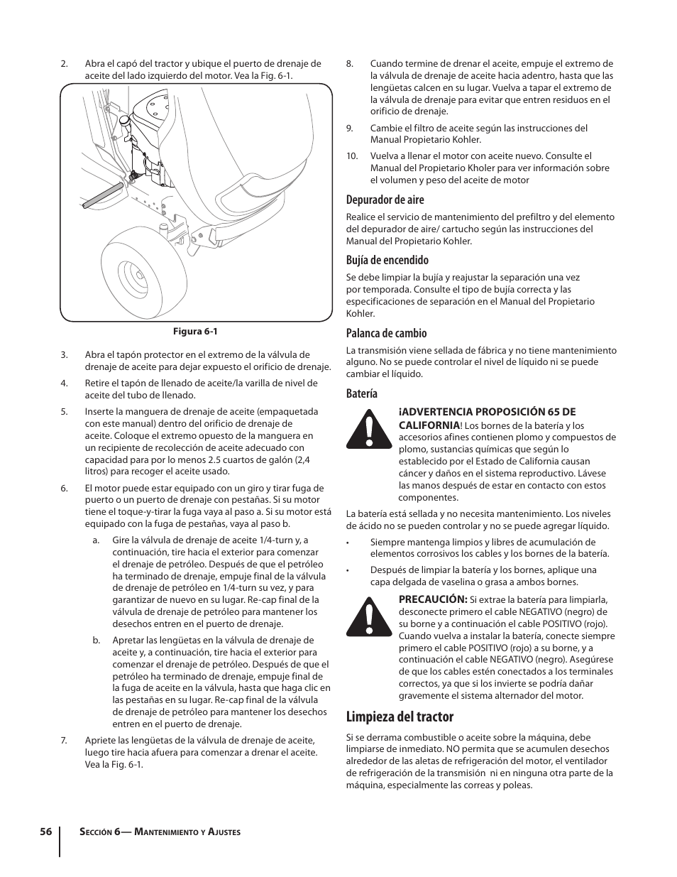 Limpieza del tractor, Depurador de aire, Bujía de encendido | Palanca de cambio, Batería | Cub Cadet SLTX1054 User Manual | Page 56 / 72