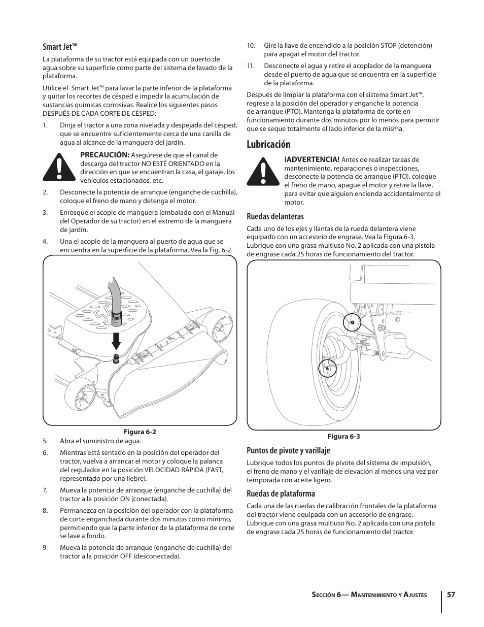 Lubricación, Smart jet, Ruedas delanteras | Puntos de pivote y varillaje, Ruedas de plataforma | Cub Cadet SLTX1054 User Manual | Page 57 / 72