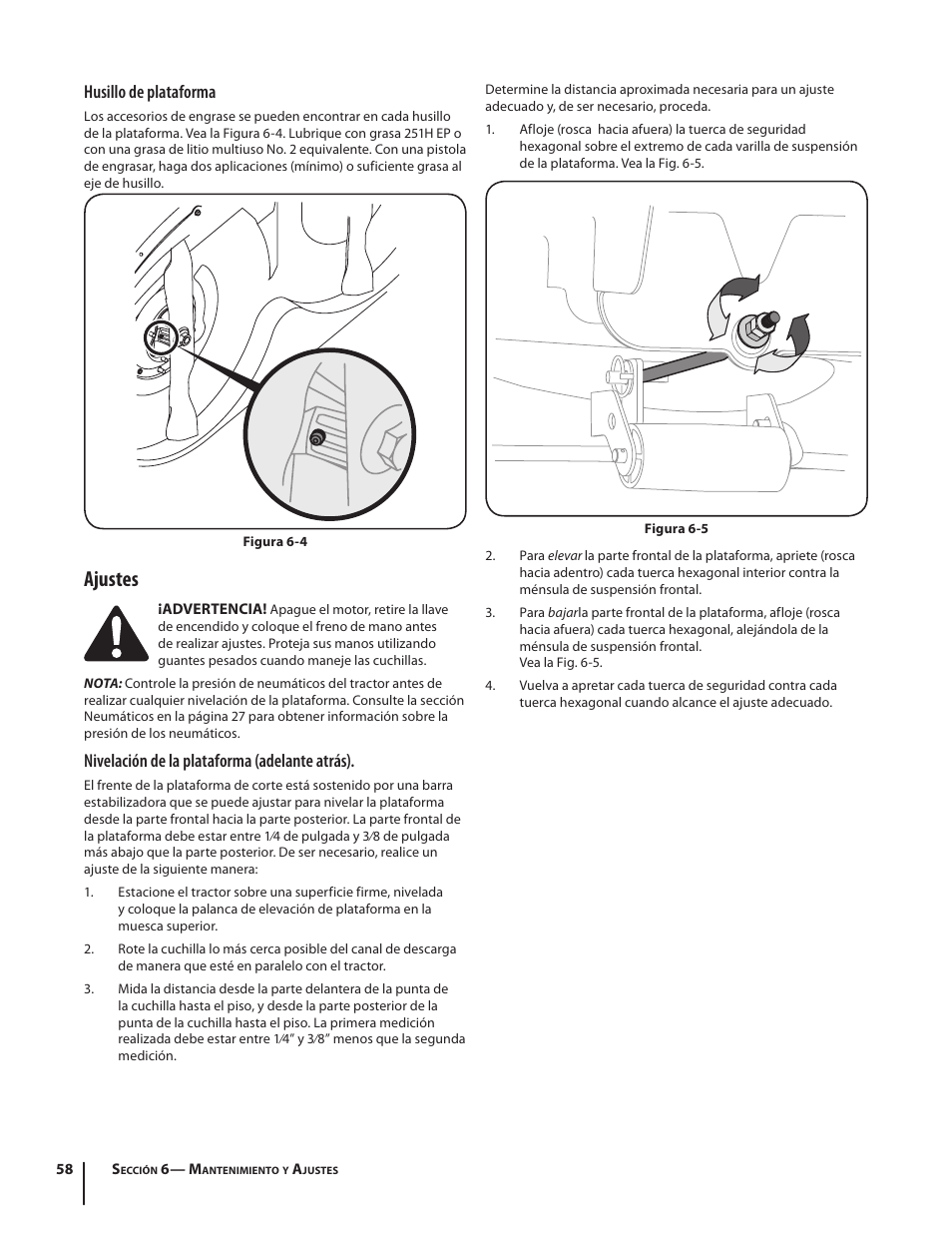 Ajustes, Husillo de plataforma, Nivelación de la plataforma (adelante atrás) | Cub Cadet SLTX1054 User Manual | Page 58 / 72