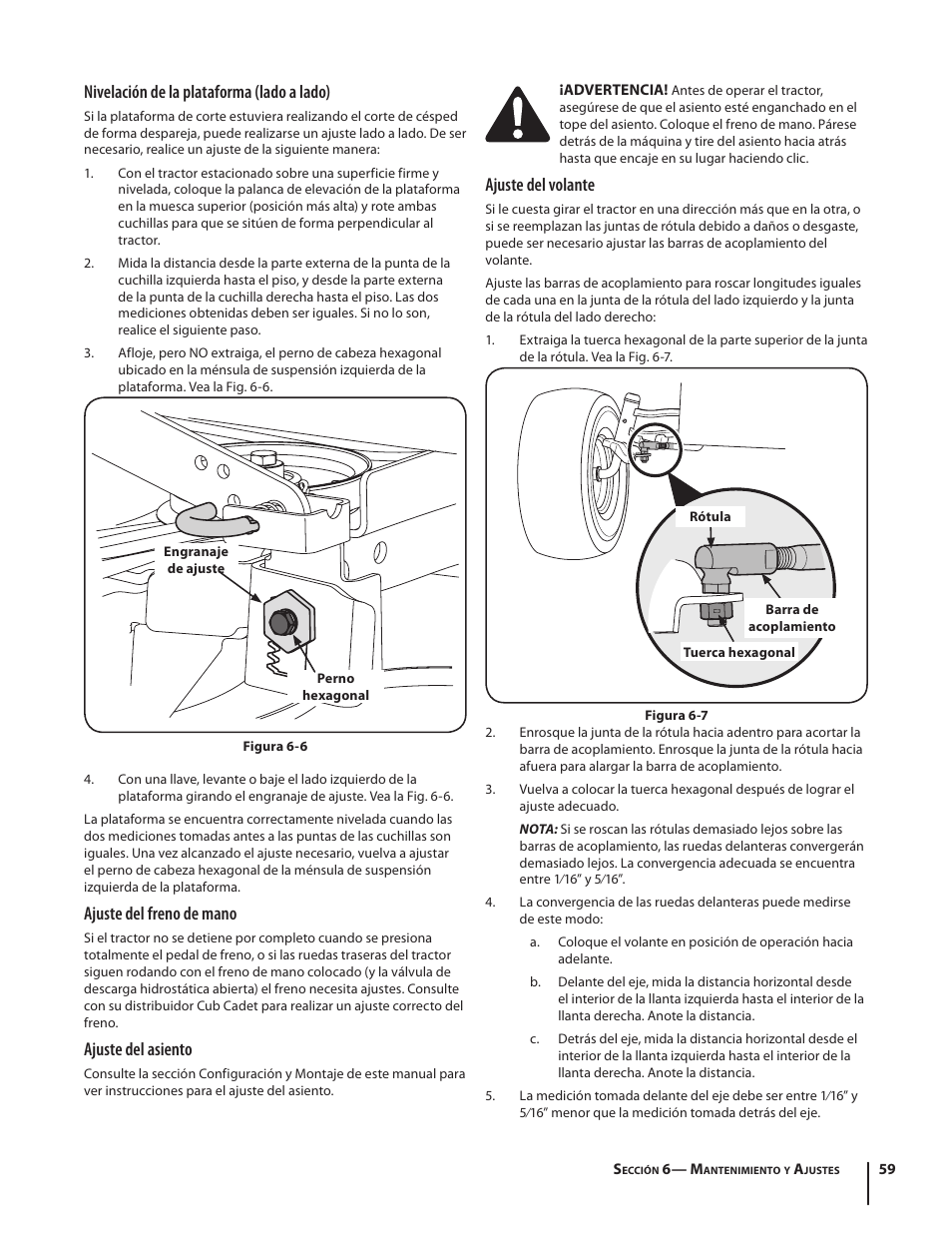Nivelación de la plataforma (lado a lado), Ajuste del freno de mano, Ajuste del asiento | Ajuste del volante | Cub Cadet SLTX1054 User Manual | Page 59 / 72
