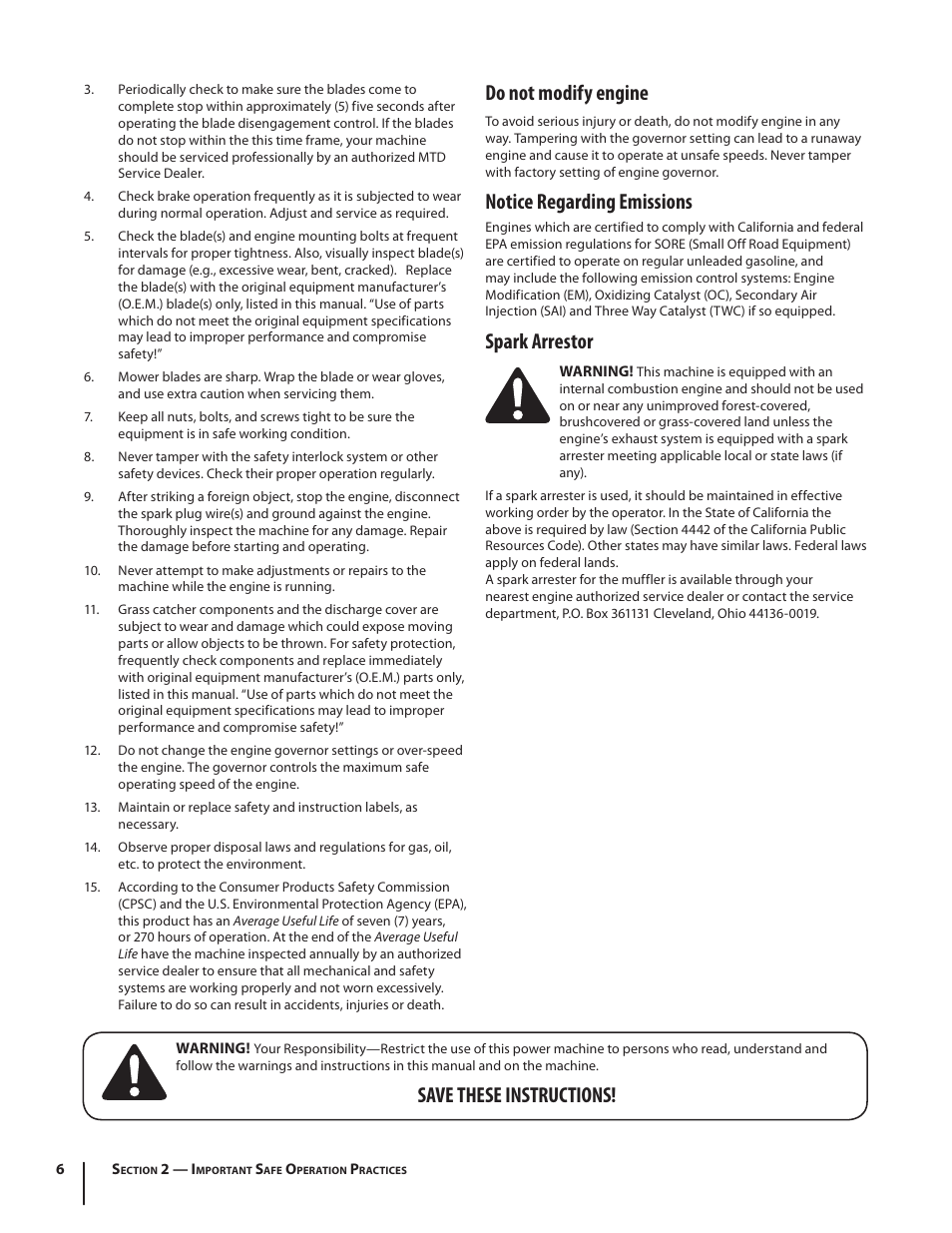 Do not modify engine, Notice regarding emissions, Spark arrestor | Save these instructions | Cub Cadet SLTX1054 User Manual | Page 6 / 72
