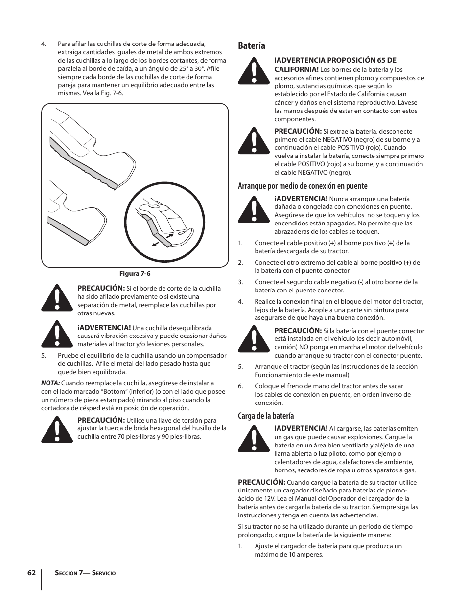 Batería, Arranque por medio de conexión en puente, Carga de la batería | Cub Cadet SLTX1054 User Manual | Page 62 / 72