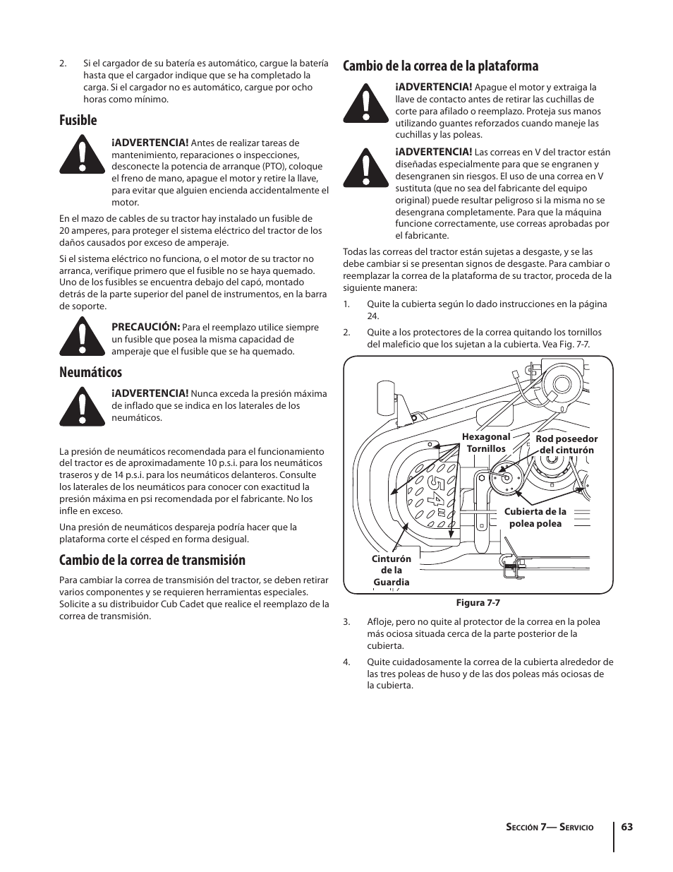 Fusible, Neumáticos, Cambio de la correa de transmisión | Cambio de la correa de la plataforma | Cub Cadet SLTX1054 User Manual | Page 63 / 72