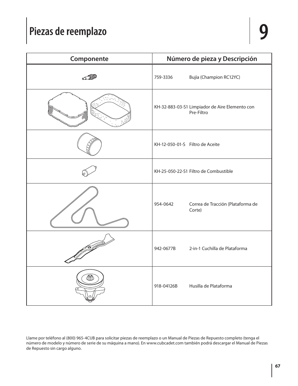 Piezas de reemplazo | Cub Cadet SLTX1054 User Manual | Page 67 / 72