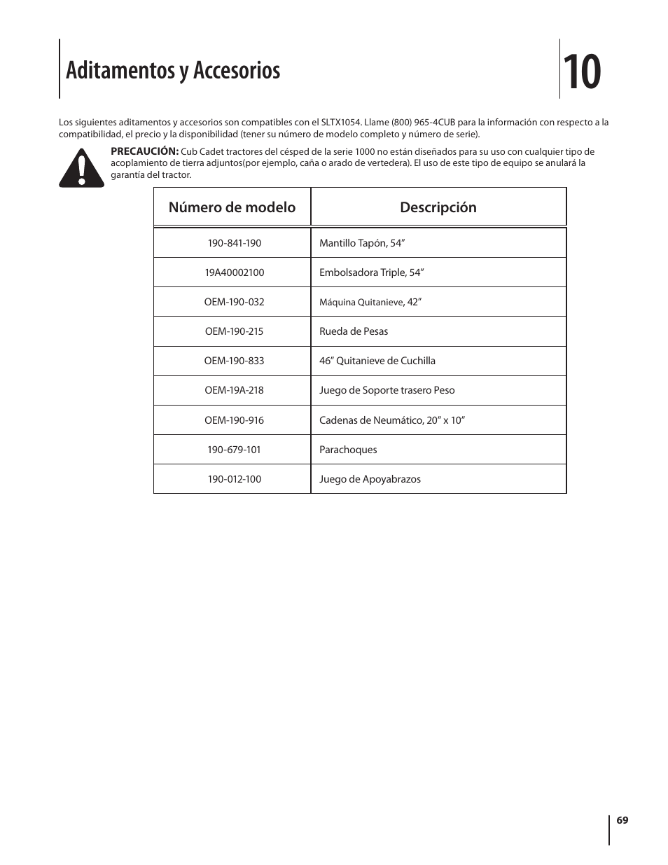 Aditamentos y accesorios | Cub Cadet SLTX1054 User Manual | Page 69 / 72