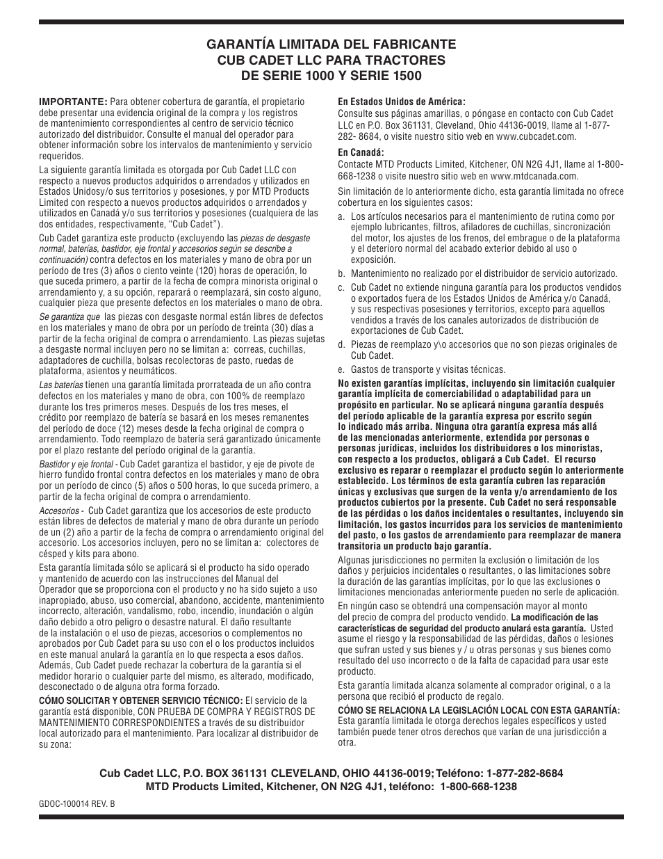Cub Cadet SLTX1054 User Manual | Page 72 / 72