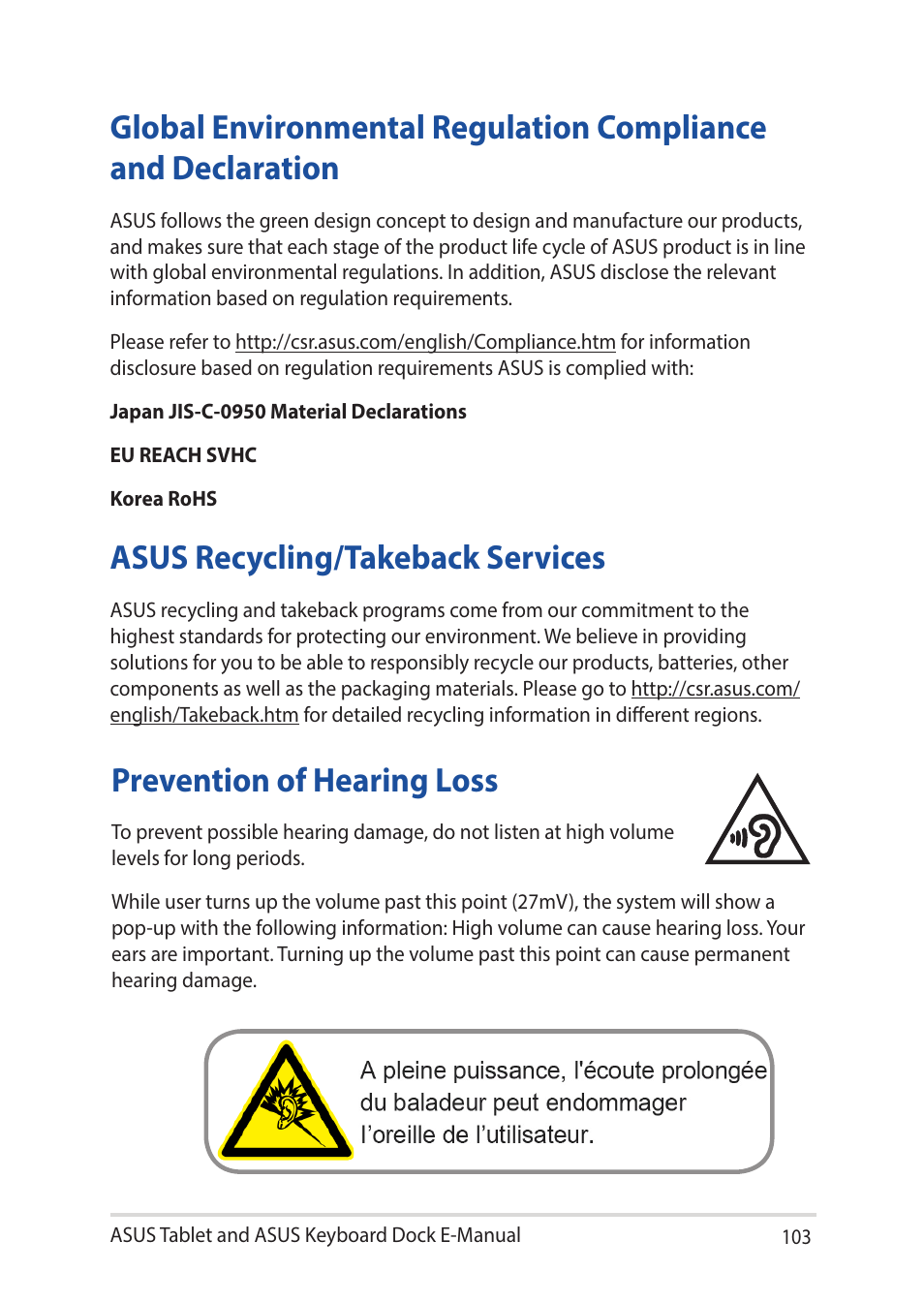 Asus recycling/takeback services, Prevention of hearing loss | Asus Transformer 3 Pro T303UA User Manual | Page 103 / 108