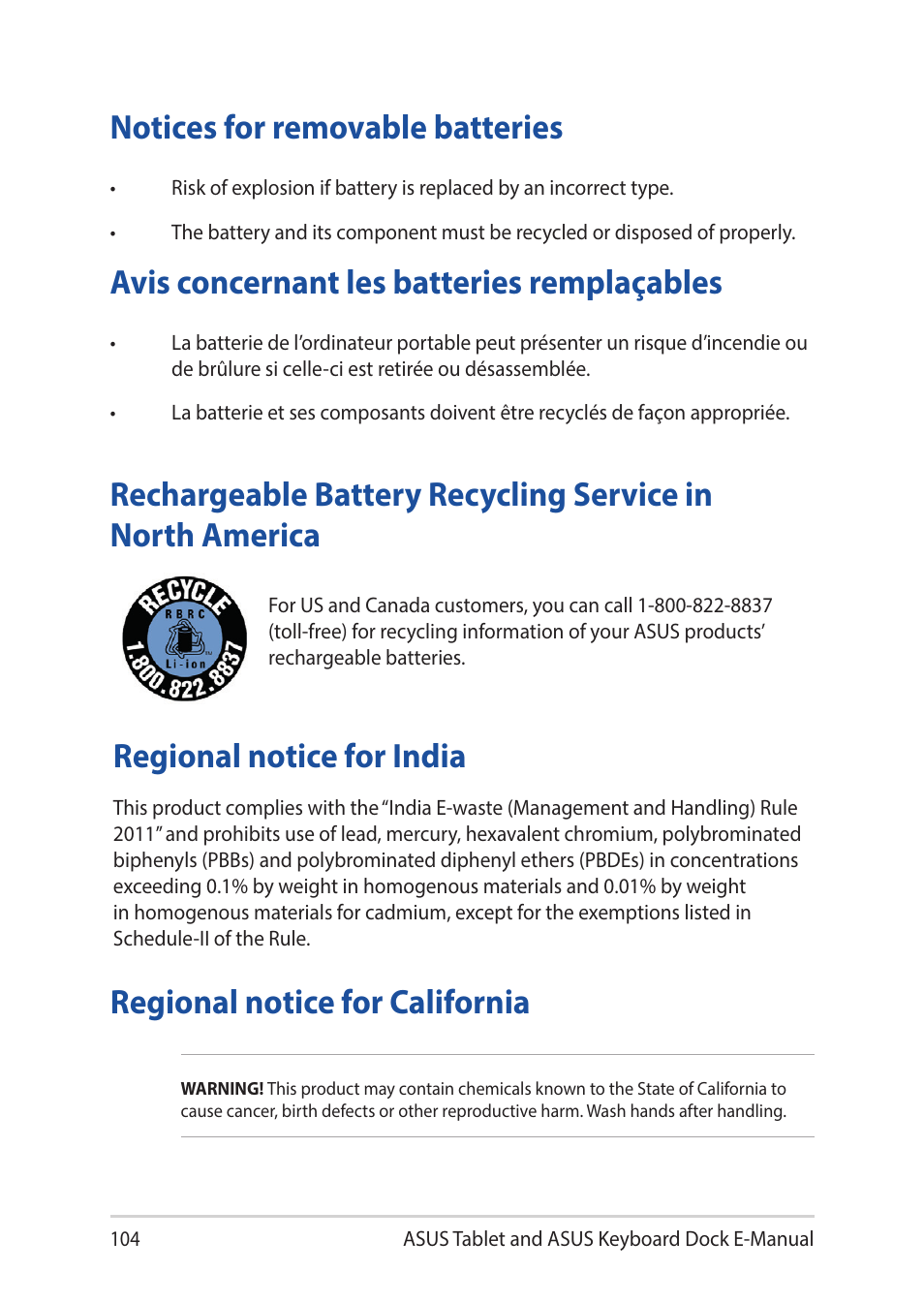 Notices for removable batteries, Avis concernant les batteries remplaçables, Regional notice for india | Regional notice for california | Asus Transformer 3 Pro T303UA User Manual | Page 104 / 108