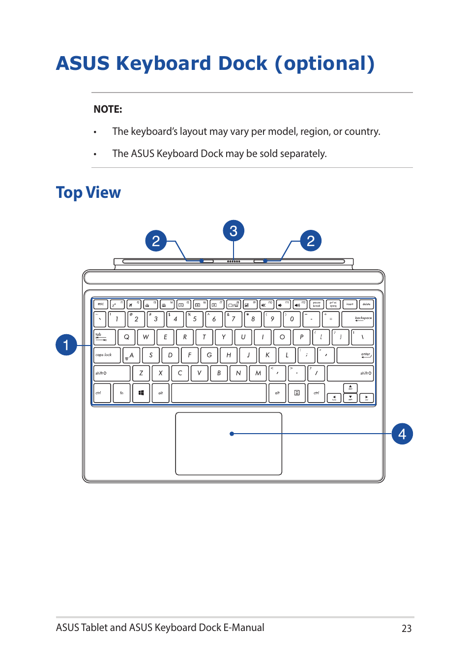 Asus keyboard dock (optional), Top view | Asus Transformer 3 Pro T303UA User Manual | Page 23 / 108