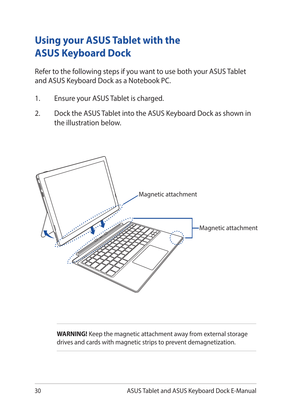 Using your asus tablet with the asus keyboard dock | Asus Transformer 3 Pro T303UA User Manual | Page 30 / 108