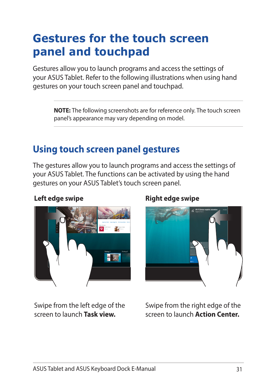 Gestures for the touch screen panel and touchpad, Using touch screen panel gestures | Asus Transformer 3 Pro T303UA User Manual | Page 31 / 108