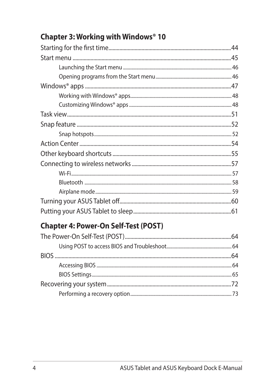 Chapter 3: working with windows® 10, Chapter 4: power-on self-test (post) | Asus Transformer 3 Pro T303UA User Manual | Page 4 / 108