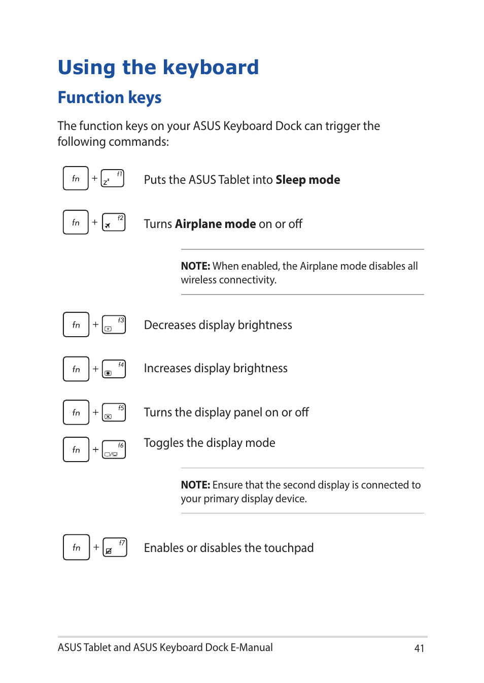 Using the keyboard, Function keys | Asus Transformer 3 Pro T303UA User Manual | Page 41 / 108