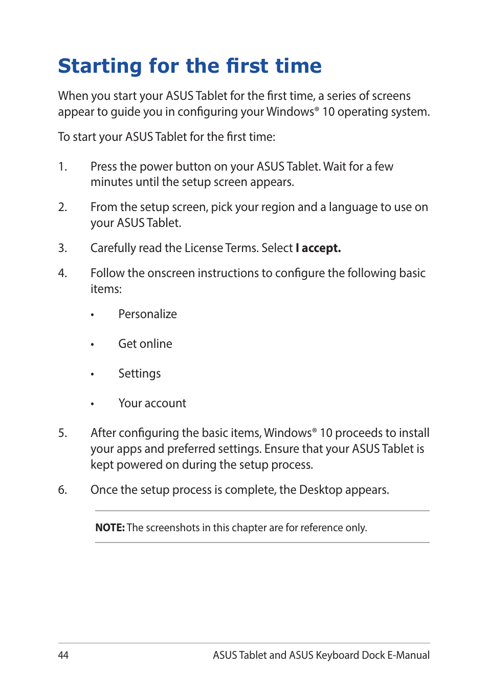 Starting for the first time | Asus Transformer 3 Pro T303UA User Manual | Page 44 / 108