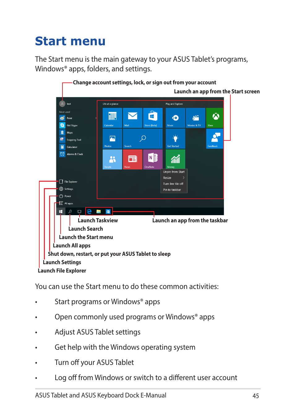 Start menu | Asus Transformer 3 Pro T303UA User Manual | Page 45 / 108