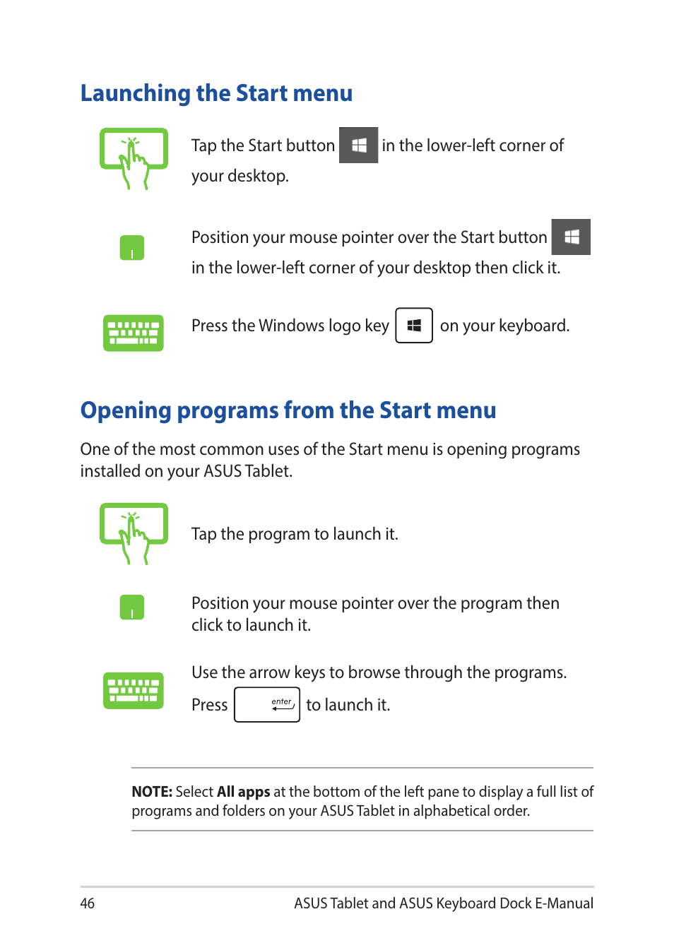 Launching the start menu, Opening programs from the start menu | Asus Transformer 3 Pro T303UA User Manual | Page 46 / 108