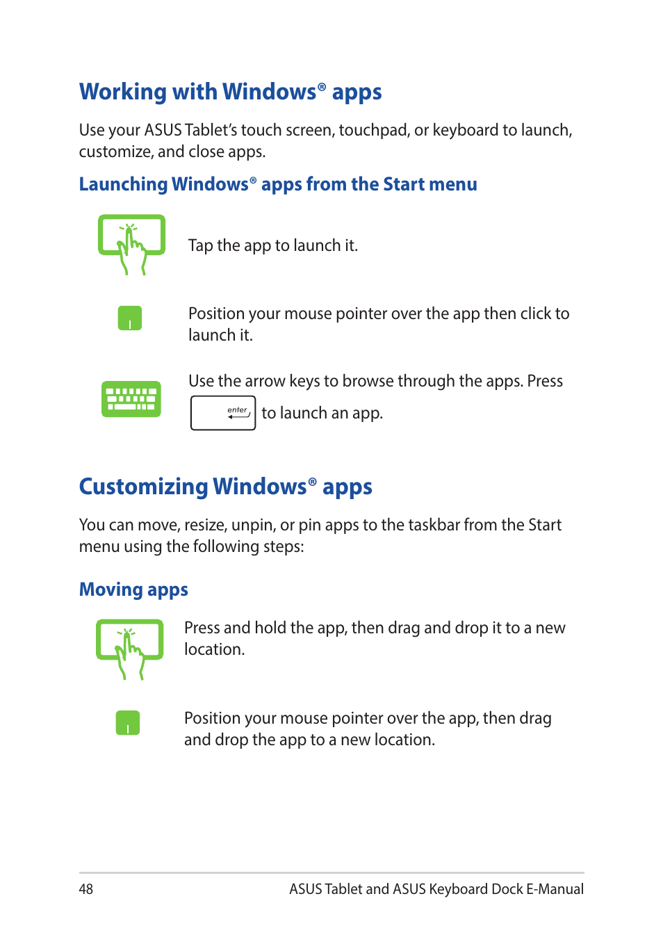 Working with windows® apps, Customizing windows® apps | Asus Transformer 3 Pro T303UA User Manual | Page 48 / 108