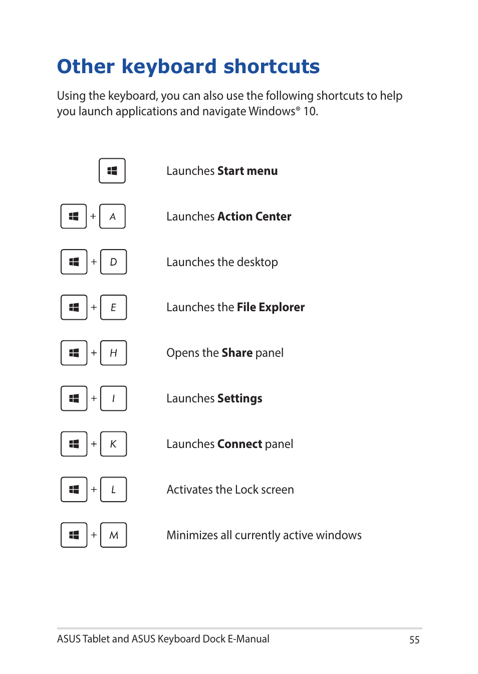 Other keyboard shortcuts | Asus Transformer 3 Pro T303UA User Manual | Page 55 / 108