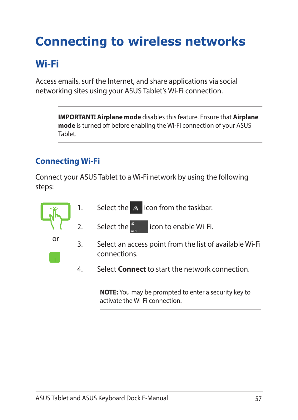 Connecting to wireless networks, Wi-fi | Asus Transformer 3 Pro T303UA User Manual | Page 57 / 108