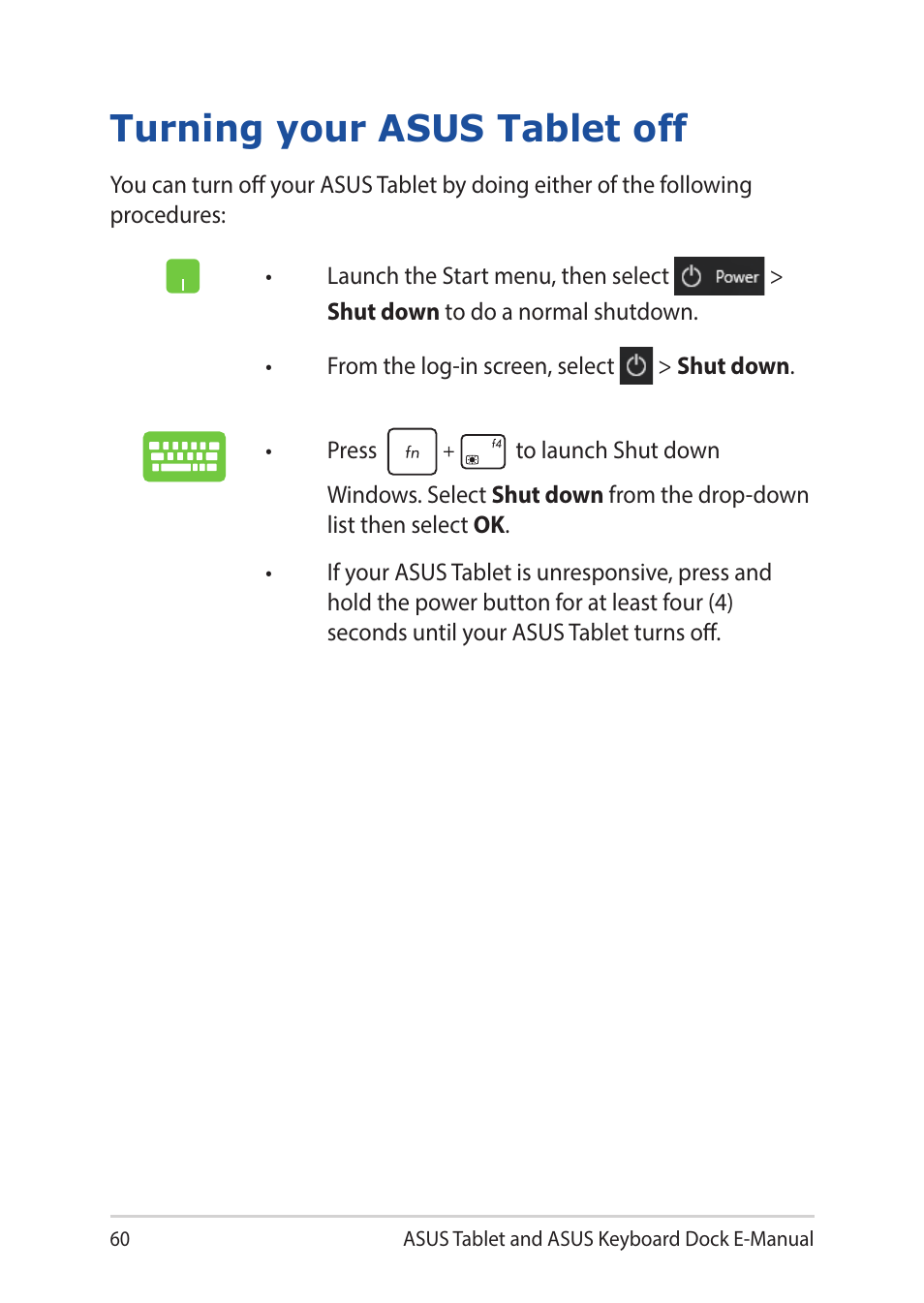 Turning your asus tablet off | Asus Transformer 3 Pro T303UA User Manual | Page 60 / 108