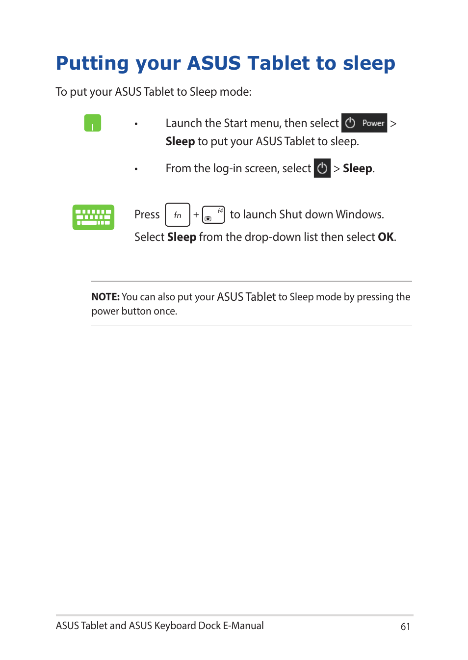 Putting your asus tablet to sleep | Asus Transformer 3 Pro T303UA User Manual | Page 61 / 108