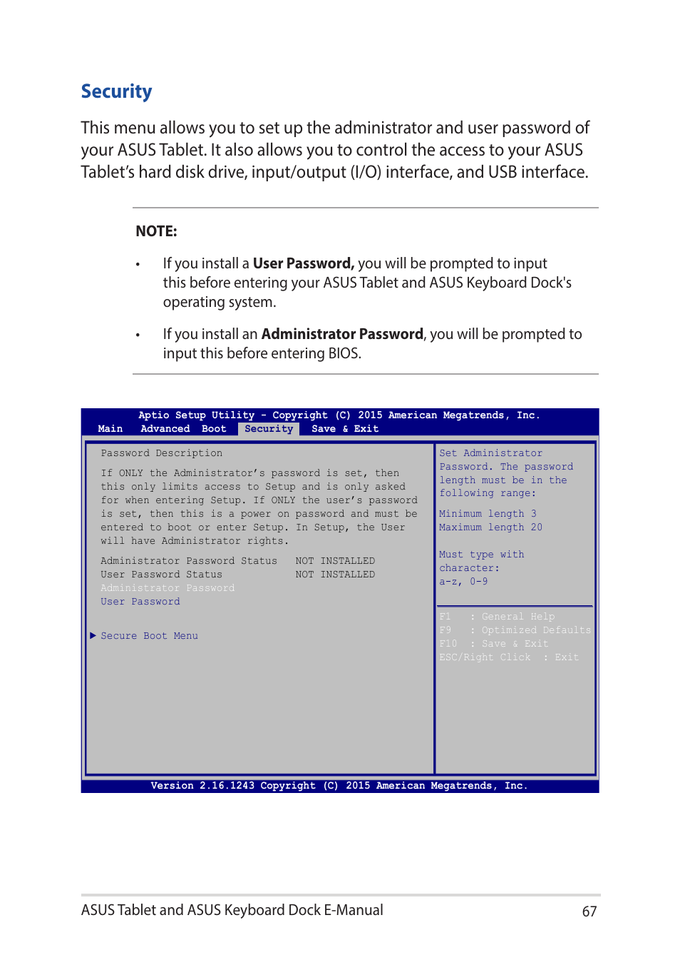 Security, Asus tablet and asus keyboard dock e-manual 67 | Asus Transformer 3 Pro T303UA User Manual | Page 67 / 108