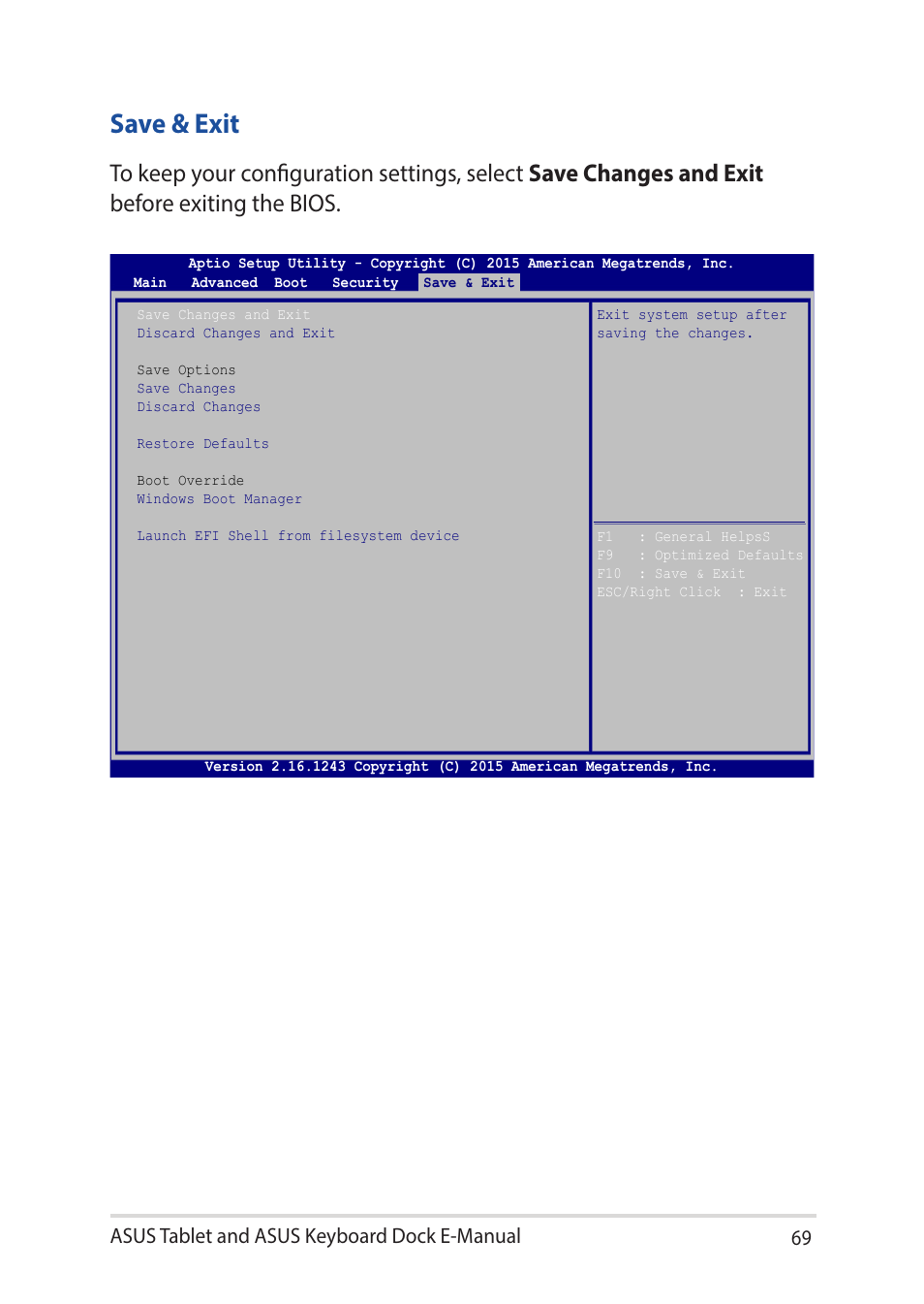 Save & exit, Asus tablet and asus keyboard dock e-manual 69 | Asus Transformer 3 Pro T303UA User Manual | Page 69 / 108