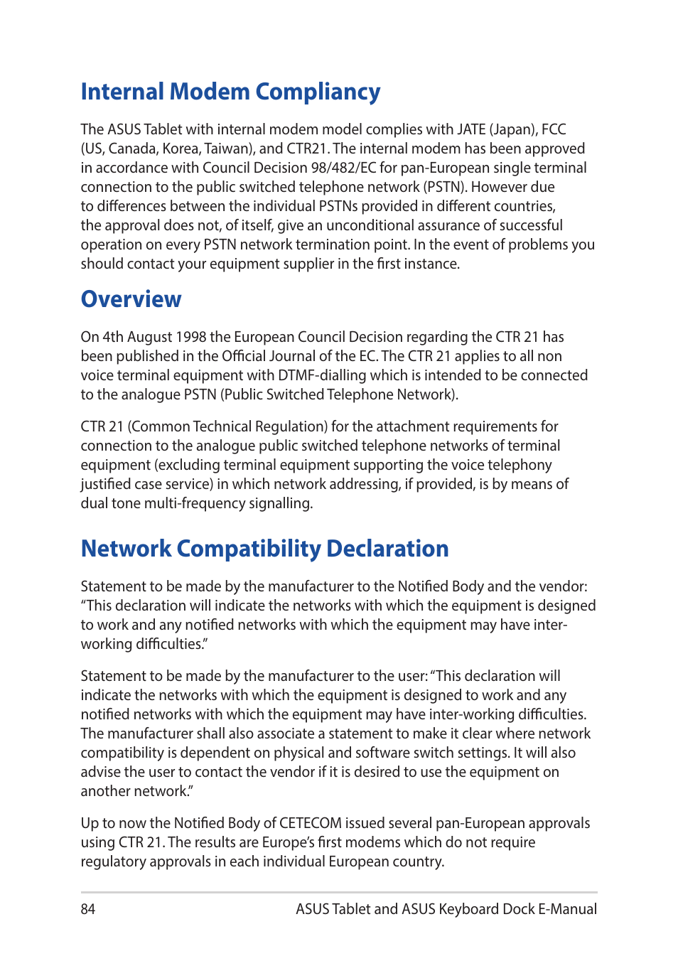 Internal modem compliancy, Overview, Network compatibility declaration | Asus Transformer 3 Pro T303UA User Manual | Page 84 / 108