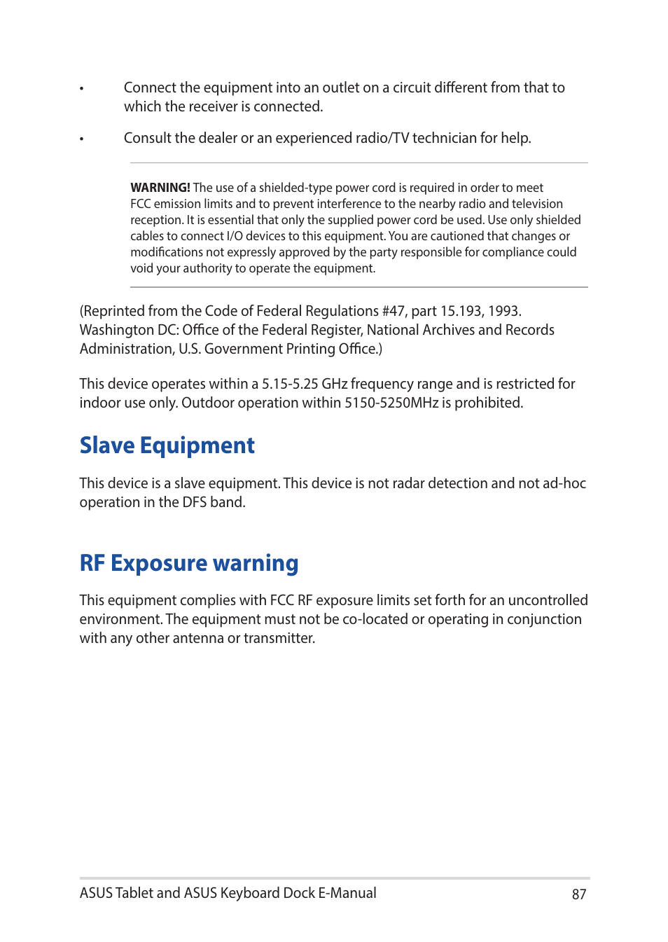 Slave equipment, Rf exposure warning, Slave equipment rf exposure warning | Asus Transformer 3 Pro T303UA User Manual | Page 87 / 108