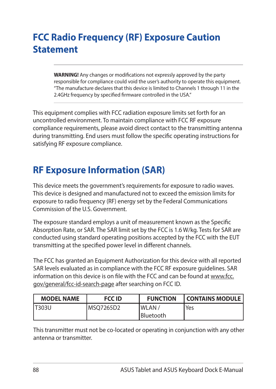 Rf exposure information (sar) | Asus Transformer 3 Pro T303UA User Manual | Page 88 / 108