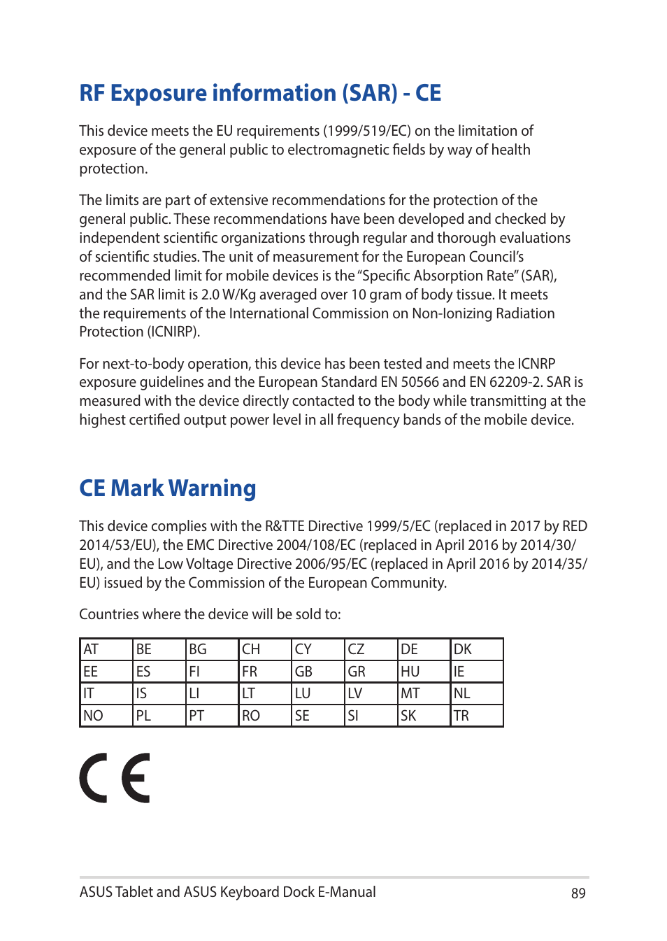 Rf exposure information (sar) - ce, Ce mark warning, Rf exposure information (sar) - ce ce mark warning | Asus Transformer 3 Pro T303UA User Manual | Page 89 / 108