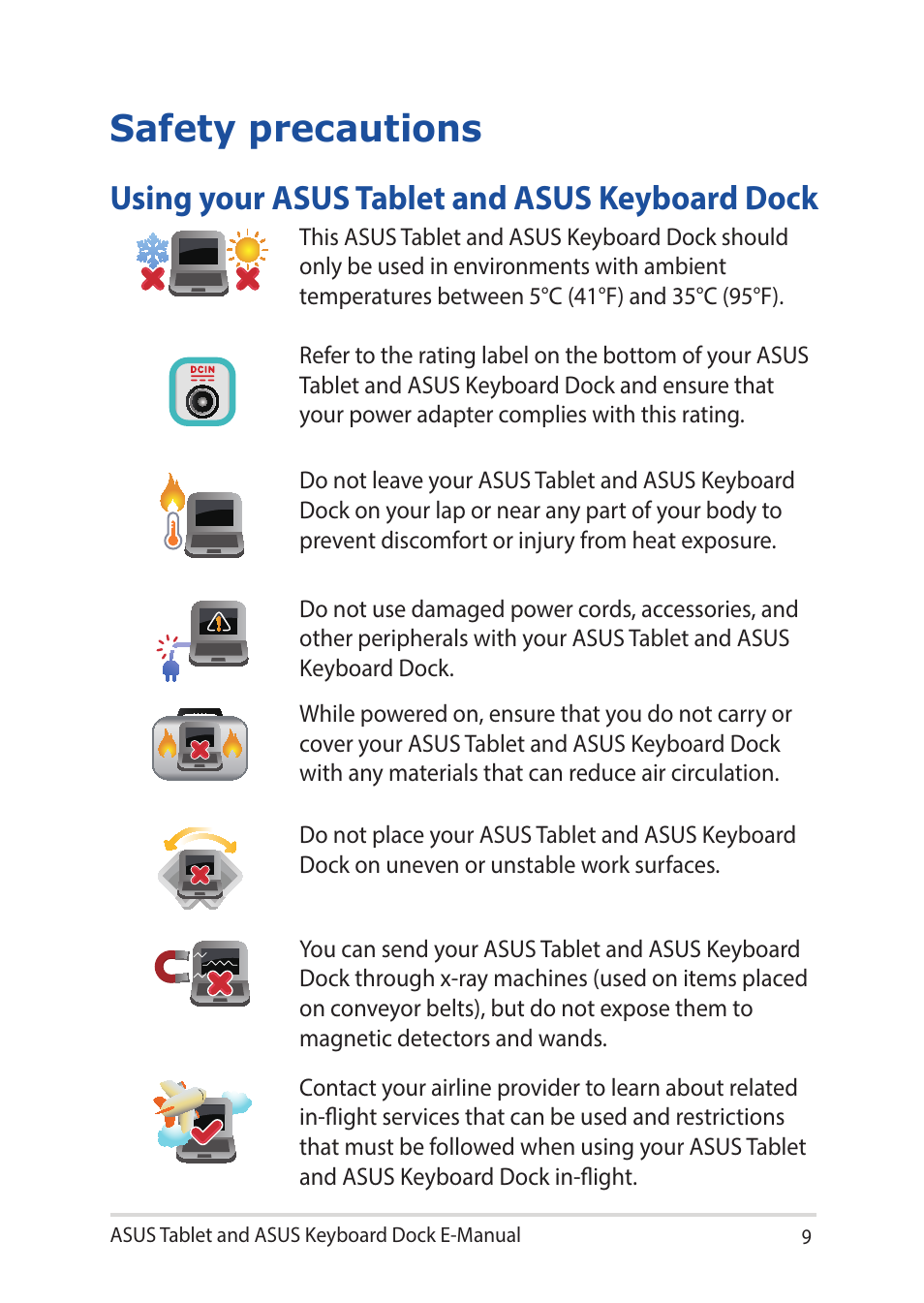 Safety precautions, Using your asus tablet and asus keyboard dock | Asus Transformer 3 Pro T303UA User Manual | Page 9 / 108